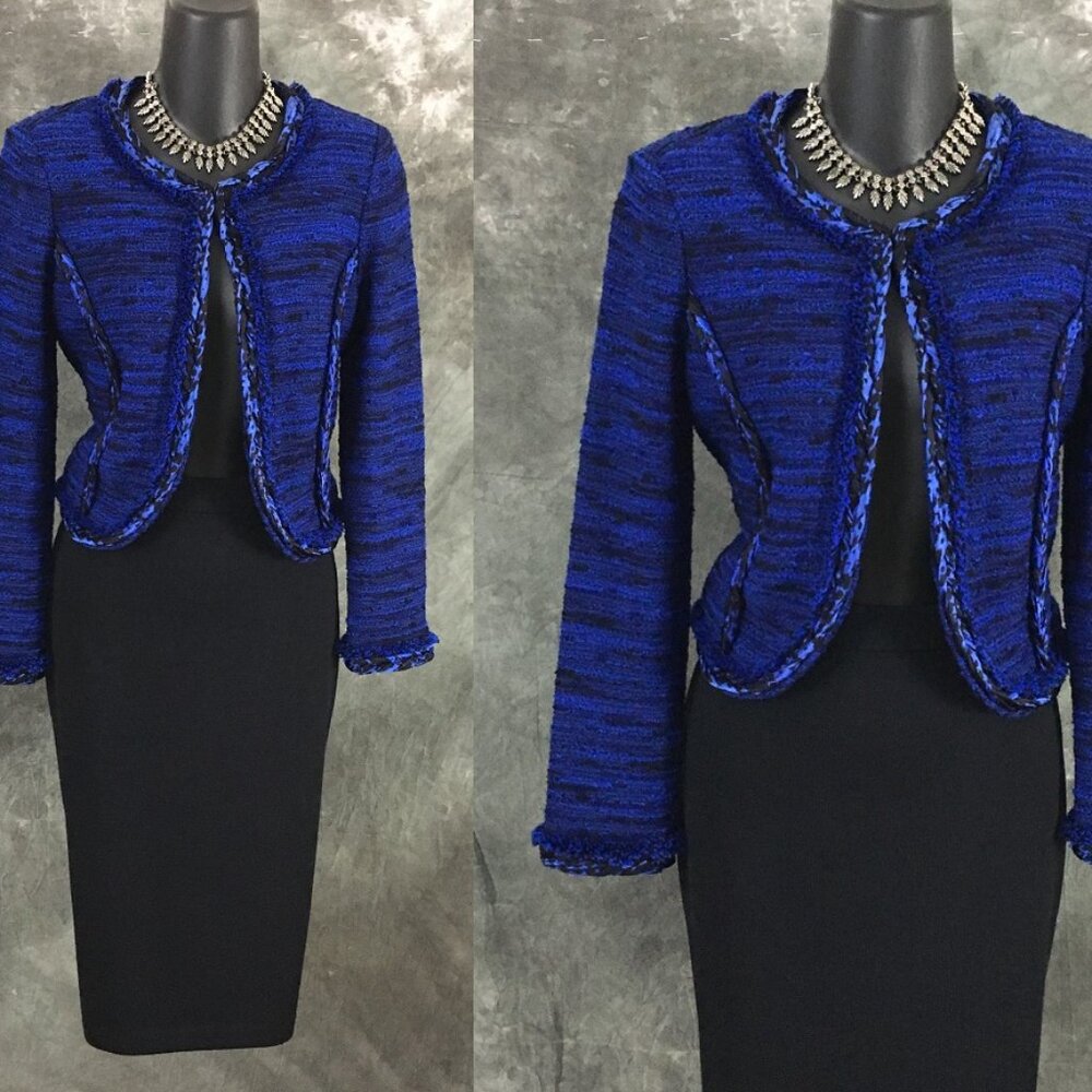 BEAUTIFUL St John knit blue black jacket skirt suit size 2 4